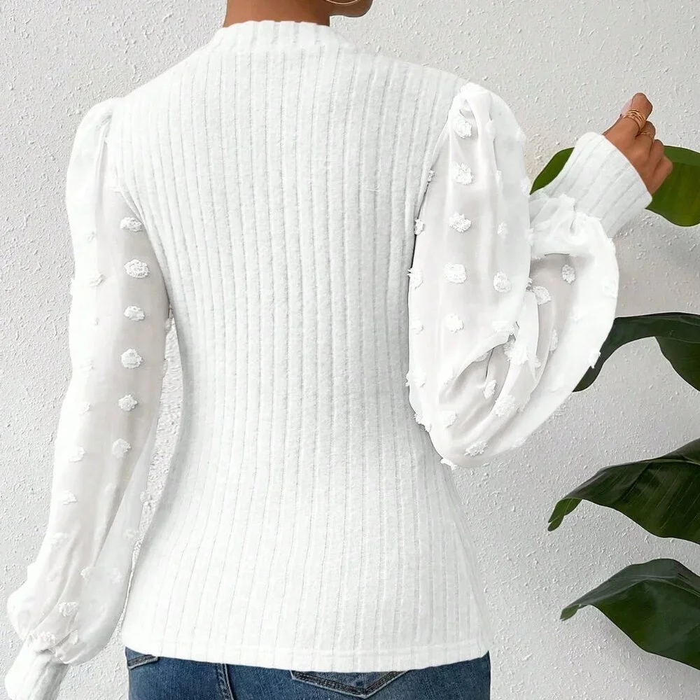 White Casual Women's Round Neck Slim-Fit Top With Mesh Contrast - Picture 2 of 6